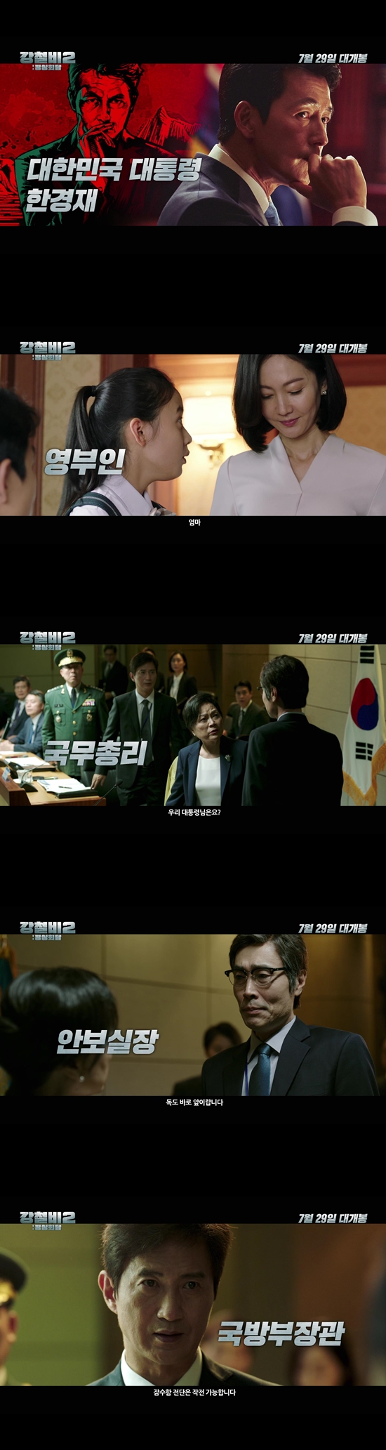 The movie Steel Rain 2: Summit (director Yang Woo-suk) released a character trailer featuring people moving south, north and the U.S.Steel Rain 2: Summit is a film depicting the situation of Danger just before the war that takes place after the three leaders were kidnapped by the nuclear submarines in the North during the North and South American Summit.First, President South Korea (Jung Woo-sung) is a normal father who is almost deprived of his allowance to his daughter before being the supreme leader of a Europe, and a sad Husband who shares his troubles with the first lady (Yeom Jung-ah), and can be seen as the most comfortable and human charm when he is with his family.On the other hand, I feel sad that I can not do anything as the president of South Korea, a divided party, like the ambassador, We have been invited to this peace meeting, but we have no place to sign it, but the fact that we are in a hurry to narrow the gap between the two leaders of North Korea and the United States,When South Korea was trying to establish a peace regime in Korean Peninsula, President North Korea was trapped in North Nuclear submarines along with the leaders of North Korea and the United States.The Prime Minister (Kim Yong-rim), the Security Chief (Lee Jae-yong) and the Minister of National Defense (Guidelines) of South Korea are the first to take care of the presidents safety and respond quickly.Meanwhile, Yoo Yeon-seok, who has Acted North Koreas young supreme leader, North Korea, who believes that the Norths path to live is denuclearization and openness, focuses attention on the will of North Korea leader who has carried out the North Korea-US peace agreement for the first time in history against hard-line opposition.In particular, as he tells South Korea President who hesitates to speak in English, he speaks fluently with the United States of America and looks at the international situation, showing off his human charm and bringing out unexpected laughter and chemistry.On the other hand, Kwak Do-won, who chose the chief of the escort general who caused the coup, thought that the North would live only by continuing the alliance with China, saying, Our Democratic Peoples Republic of Korea is reforming and opening up wrong. He expressed the patriotism and beliefs of the North Korean hardliners with his heavy acting.Here, the appearance of the North Korean chief strategist Baek Doo-ho (Shin Jung-geun) and the captain (Ryu Soo-young) in the submarine battle stimulates curiosity about what they will do between the three leaders of the South, North and the United States, who are confined to the North Nuclear Submarines, and the head of the escort general.Finally, Smoot (Wang Feifei) is a United States of America president from a businessman whose first priority is to return home with the North Korean nuclear program with the aim of making United States of America great again.The United States of America President Smoot, who is trapped in a narrow captains room but does not hesitate to speak to North Korean soldiers who threaten him with a self-centered attitude, saying American First, is curious with a variety of tensions and comics.Also, with the South, North and U.S. clean statues abducted, the first to check emerging powerhouse China and not hesitate to launch ICBM (intercontinental ballistic missile) and the appearance of United States of America (Colby French) is a matter of the issue of the Korean Peninsula, the Cold War island, It is entangled and it will spread to war that threatens peace all over the world, raising the sense of urgency.The character trailer of Steel Rain 2: Summit, which captures people who move their fate in different interests, different ways, and different ways, raises questions about what kind of drama characters will create in the drama.The Danger situation, which may actually happen between the South and North, the only divided nation on Earth where the Cold War continues, and the powers surrounding the Korean Peninsula, is the Jung Woo-sung, Kwak Do-won, Yoo Yeon-seok, and Angus Wang Feifei.Steel Rain 2: Summit will be released on July 29th through the coexistence and confrontation of four actors who combine personality and acting power.Photo = Lotte Entertainment