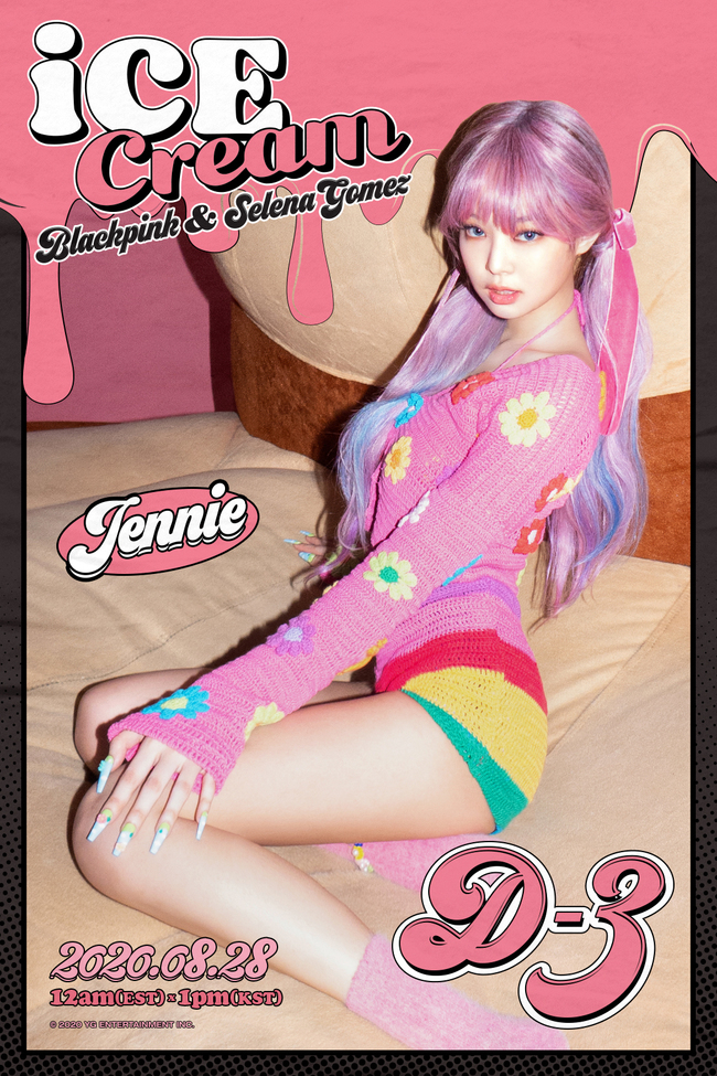 A personal poster with the sweet charm of BLACKPINK Jenny Kim has been unveiled.YG Entertainment, a subsidiary company, posted BLACKPINKs new song Ice Cream D-3 Poster on its official blog at 9 a.m. on August 25.Jenny Kim in Poster reminded me of the main character in a genuine comic book with a finely mixed pink and blue hairstyle.On the other hand, it perfectly digests the net knit and short pants costume of colorful yet youthful atmosphere and creates a fascinating figure.BLACKPINKs Ice Cream is attracting attention as a collaboration with pop star Selena Esperanza Gomez.Even though the release date of the sound source is approaching three days ahead, the other specific information is still maintained with thorough security, adding to the curiosity.Although it is still a veiled Ice Cream, it is expected that the combination of BLACKPINK and Selena Esperanza Gomez will reach global music fans with fresh and different charms.Actually, YG predicted differentiation from BLACKPINKs existing megahit songs Kill This Love and How You Like That.BLACKPINKs Ice Cream digital single will be released at 0:00 on August 28th and 1:00 pm on the same day in Korea.YG and Worlds largest music group Universal Music is expected to be as big as it is aimed at the global music market.It is difficult to guess how much the ripple effect will be because it is the meeting between BLACKPINK, the number of former World female artists, and Selena Esperanza Gomez, who has about 187 million Instagram followers.BLACKPINK showed off its presence in June with its pre-release title How You Like That, breaking new K-pop girl group records on major charts and YouTubes at home and abroad.This is why BLACKPINKs first full-length album, which confirmed the new song Ice Cream and the release on October 2, is expected more.