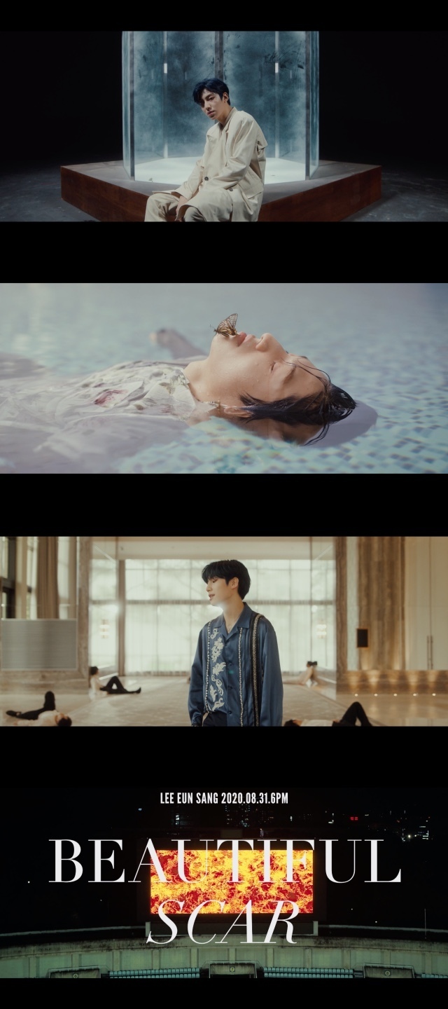 Lee Eun-sang released his first Solo music video Teaser.Brand New Music, a subsidiary company, released a music video Teaser video of Lee Eun-sangs first Solo single album title song Beautiful Scar through official SNS accounts on August 26 at noon.This video, which starts with the wings of the butterfly and the intense flame, has always shown a movie-like visual beauty with a tense look of Lee Eun-sangs charming appearance.Lee Eun-sangs Solo debut song Beautiful Scar, which features dreamy mood and sensual sound, is an R & B hip-hop song that shows its own deadly and mature charm by Lee Eun-sang, who retains the image of a pure and refreshing boy.In particular, Park Woo-jin of AB6IX, a senior artist of Brand New Music, a subsidiary company, participates in the feature.