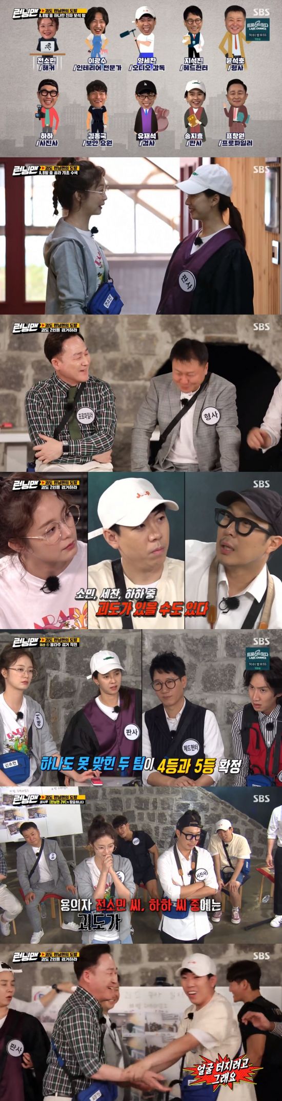 On SBS Running Man broadcasted on the afternoon of the 6th, the citizen team won the victory by arresting Jeon So-min and Haha.On this day, Running Man was conducted as The second special feature of the monster.As a guest, Pyo Chang-wonwonwon, the first domestic profiler, and Yoon Seok-ho Detective, the actual model of crime city of Ma Dong-seok, appeared, and the members admired that the real thing appeared.The second round of the mass Choices first, like the first.Jeon So-min - Hacker, Lee Kwang-soo - Interior specialist, Yang Se-chan - Audio director, Ji Suk-jin - Headhunter, Yoon Seok-ho - Detective, Haha - Photographer, Kim Jong-kook - Security agent, Yoo Jae-Suk - Prosecutor, Song Ji-hyo - Judge, Pyo Chang-wonwon Won - is designated as Profiler.The second round of the goblin had to arrest two goblins who were not invited to the joint birthday of Jaeseok-Haha-Jihyo; the goblins were the winner if they stole more than 100 jewellery.Pyo Chang-wonwonwon and Yoon Seok-ho were actually monitoring all the members coming in.Both pointed out that Jeon So-min came too early and revealed that they were most suspected of the gangster.In the first room Caught in the Web time, two members paired up and entered the A and B rooms.After Caught in the Web, Pyo Chang-wonwonwon said, Song Ji-hyo and Jeon So-min made scissors rocks and Jeon So-min won, and Jeon So-min went into room B.Lee Kwang-soo and Ji Suk-jin are all trying to get into room A, a little bit of room A seems to be quite important, he said.Yoon Seok-ho said, I originally visited the residential area a few days before the thieves robbed during the holiday.I start work after looking at whether there is CCTV, what is around, whether the house is on or off. At this time, Lee Kwang-soo said a few words, and the audio director Yang Se-chan, who has the authority to stop the members mouths, laughed with a mask on Lee Kwang-soos mouth, saying, I will stop this brothers mouth.Yoo Jae-Suk said: One of the weirdest things was that I came the fourth time and the prosecutor and the judge were not out.So one of the three people who came before me could be a goblin. Jeon So-min - Haha - Yang Se-chan was put on the goblin dragon line.He was then given a mission to draw and arrest a sketch.The members paired up with two members, one of whom had to find a sketch according to the crews explanation, and the other one had to find the main character of the sketch among the staff and members in the studio.The first and second figures were among the staff; the Yoo Jae-Suk - Yang Se-chan, Pyo Chang-wonwonwon - Kim Jong-kook teams were the correct answer, respectively.The third was a slightly rotten, amber-like face, a slightly thin head to touch on the shoulder, a little bigger in the eyes, a little higher in the nose, and a little cremation.In this explanation, Yoon Seok-ho Detective pointed out Lee Kwang-soo and was the right answer.Ji Suk-jin - Lee Kwang-soo, Jeon So-min - Song Ji-hyo, who became fifth and fourth in the game, was released.And the production team revealed that there were zero jewels stolen by Gyodo in the Web in the first episode, and Pyo Chang-wonwonwon, who saw the photo, said, The only strange thing is the madman.All the bags are lying down, but they are all built only in Lee Kwang-soos photographs. At this end, Yoon Seok-ho said, I set it up.I tried to feel the weight of the bag, he said, raising suspicions.Yoon Seok-ho, who has the authority to question one person, pointed to Yang Se-chan.I dont understand, but today I have assigned the role sharing to the cast. If it is a gangdo, it is my own leisure. It is the leisure of criminals, said Yoon Seok-ho, Detective.Now it was time for prosecutor Yoo Jae-Suk, who could put a suspected figure on trial for a gangster.Yoo Jae-Suk Choices Haha and Jeon So-minThe crew was able to tell only that there was a goblin/no one among the members who were on the trial at this time, but the production team informed Haha and Jeon So-min that there is goblin among them.The second Caught in the Web followed, and the crew said the gangsters stole 100 jewels, when Yoon Detective said Pyo Chang-wonwonwon was suspicious.Members were able to put the most suspicious person on the bench by voting, and Jeon So-min, who won the most votes, was again on the bench.The production team confirmed, The mass is right.In the third - final Caught in the Web, the crew informed them that the gobs stole a total of 352 jewels.At the time of the photo release, Kim Jong-kook commented, You can see how you moved the jewels by seeing the people. The members began to analyze the photos of the people.While several others were nominated for the remaining one, Haha finally came to the trial after the persistent Murder, She Wrote of Yoo Jae-Suk and Kim Jong-kook.The production team said Haha was right about the attack. The citizens who succeeded in arresting all two of them won the victory.SBS entertainment program Running Man is broadcast every Sunday at 5 pm