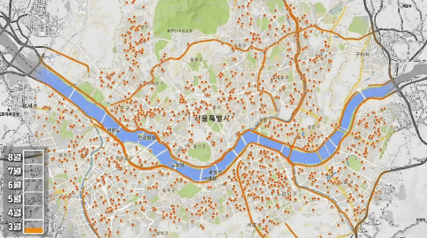 지난 3월부터 8월까지 서울 내에서 폐업한 가게들을 날짜순으로 정렬해 점으로 표현했다. 그래픽 제작 홍성철PD