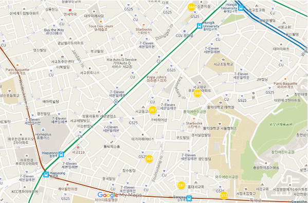 홍대입구역, 상수역, 합정역 인근에서 지난 3월부터 8월까지 폐업한 가게들을 점으로 표현했다. 노란색 점(4월24일까지 폐업), 주황색 점(6월23일까지 폐업), 빨간색 점(8월31일까지 폐업).