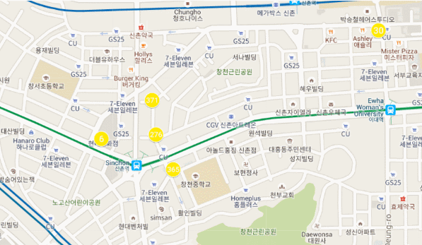 신촌역과 이대역 인근에서 지난 3월부터 8월까지 폐업한 가게들. 노란색 점(4월24일까지 폐업), 주황색 점(6월23일까지 폐업), 빨간색 점(8월31일까지 폐업).