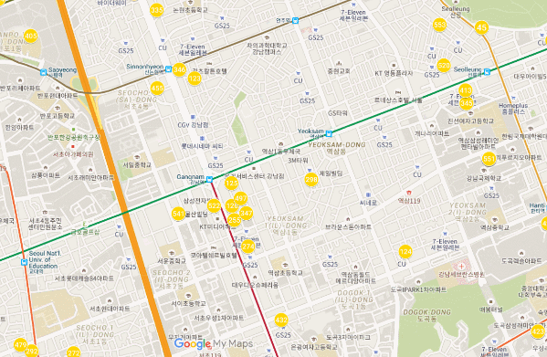 강남역 인근에서 지난 3월부터 8월까지 폐업한 가게들. 노란색 점(4월24일까지 폐업), 주황색 점(6월23일까지 폐업), 빨간색 점(8월31일까지 폐업).