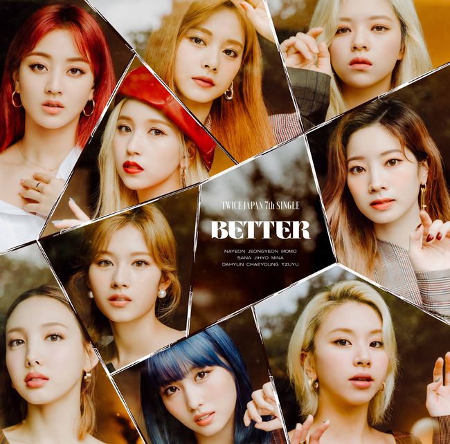 TWICE releases new single on November 18th in JapanTWICE released the news on the official website of Japan and SNS channel at 0:00 on the 23rd, with four jacket images of the seventh single BETTER (batter).The nine members in the jacket transformed into autumn goddess, giving a faint eye and a warm sensibility and completing a different atmosphere.Japan single 7th album BETTER is an album expressing the concept of I want to meet but I can not meet but it continues with the theme of now.The album visuals depicted the members who are working hard in dreams of the day to face each other even in everyday life that can not be met.The new single will feature the title song BETTER and the new song Scorpion (Scorpion).I am expecting that TWICE will always be a new story about the sincerity of waiting for the day to meet with fans.TWICE is still showing off its unique popularity in Japan and is solidifying its reputation as a K Pop representative girl group.Japans best 3rd album #TWICE3 (hashtag TWICE3), released on the 16th, topped the weekly album charts following the Oricon daily album chart.In particular, it ranked seventh in the chart and ranked first in the list as a foreign female artist.The sixth single, Fanfare (Fanfare), released earlier this July, topped various charts including the Oricon Weekly Singles Chart, Billboard Japan Top Singles Sales, and Tower Records All Stores Comprehensive Singles Chart.In August, he was also certified as a platinum record awarded by the local record association for works that recorded more than 250,000 shipments.TWICE has 10 albums released by Japan on a string of platinum ranks.Starting with his Japanese debut best album #TWICE (hashtag TWICE) released in June 2017, his first single One More Time (One More Time), his second single Candy Pop (Candy Pop) in February 2018, his third single Wake Me Up (Wake Me Up) in May, his first full-length album BDZ in September, and his third album BDZ in March 2019. Best 2 albums #TWICE2 (hashtag TWICE2), July 4 singles HAPPY HAPPY (Happy Happy), single 5th album Breakthrough (Breakthrough), 2019 November regular 2nd album &TWICE (And TWICE), and Platinum certification until July 2020s Fanfare He has won the record and continues to record.TWICE is expected to continue its hot local popularity with Novembers new single BETTER thanks to the success of Japans 6th album and the best 3rd album.JYP Entertainment