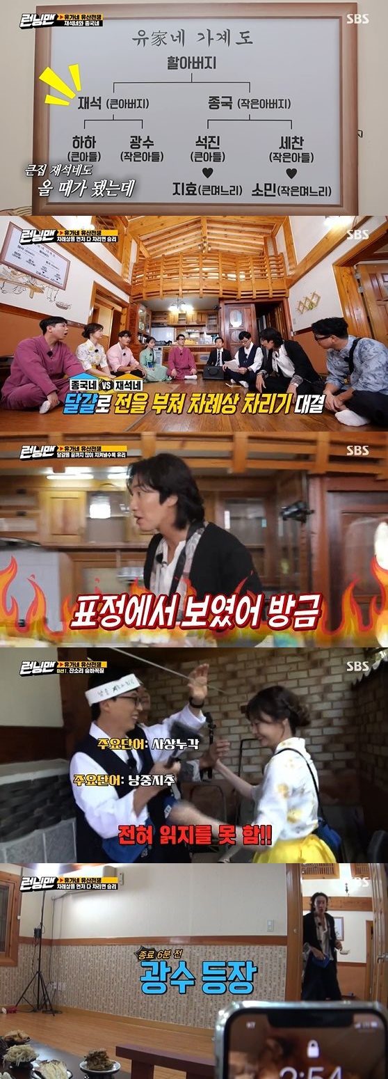 On the 4th SBS entertainment program Running Man, Yugane Heritage War Race was held for Chuseok special feature.First, the eldest son couple Ji Suk-jin and Song Ji-hyo, the younger son couple Yang Se-chan and Jeon So-min appeared in the final stage.Following this, Park Jae-seok Haha and Lee Kwang-soo appeared; Yoo Jae-Suk was confused by the establishment of a relationship with Ji Suk-jin at the same time as they appeared.Especially, due to the role assignment that is not suitable for age, Ji Suk-jin laughed at Kim Jong-kook during the crisis that he had to bow.The mission was a set-up battle, and the team that completed the three games first could win.The number of eggs needed to make the war also has a big impact on the victory and defeat, and the members opened the possibility of betrayal, saying, It may be a personal war.The first mission was to sneaker and seek; the hidden members hid themselves with nagging phrases on their foreheads.Yang Se-chan and Lee Kwang-soo laughed at searching for difficult English words and lion words.Jeon So-min found Yoo Jae-Suk and Lee Kwang-soo but did not understand the lions idiom at all.I thought Park Jae-seok was my brothers son (Jiho), said Jeon So-min, laughing.As a result of the mission, the final team Yang Se-chan, Park Jae-seok team Haha and Yoo Jae-Suk were out and the final team won three eggs.Each team showed a betrayal of Touken Ranbu in one egg, but Kim Jong-kook said: Ill do the top job.I have a penalty transfer right. Kim Jong-kook foresaw the penalty transfer right acquired in the 10th anniversary feature to Lee Kwang-soo.Yang Se-chan, who planned to betray him, also vowed allegiance to Kim Jong-kook.The second mission was Nundongbegi, a traditional Jeju yutnori.Lee Kwang-soo was not able to concentrate on doppelganger attacks such as Han Ki-bum and Kim Jang-hoon even in the body that was most advantageous for the game with his long arm.As the unilateral trend of the end of the year continued, the common holiday scenery of Touken Ranbu, which was violent and foul, unfolded and laughed.Eventually, Yoo Jae-Suks successive missteps won the finale and won three eggs.There were 10 eggs needed in the final recipe; the members had to find the eggs to complete all the wars by 3:00.During the egg war, both teams, using the rule that the same team could use eggs, moved busy to complete the final round.Two minutes apart, Park Jae-seok won the round-table first.Lee Kwang-soo, who had the least number of final eggs in Park Jae-seok, became a penalty, and Song Ji-hyo, who had the most eggs in the end, received the product instead.