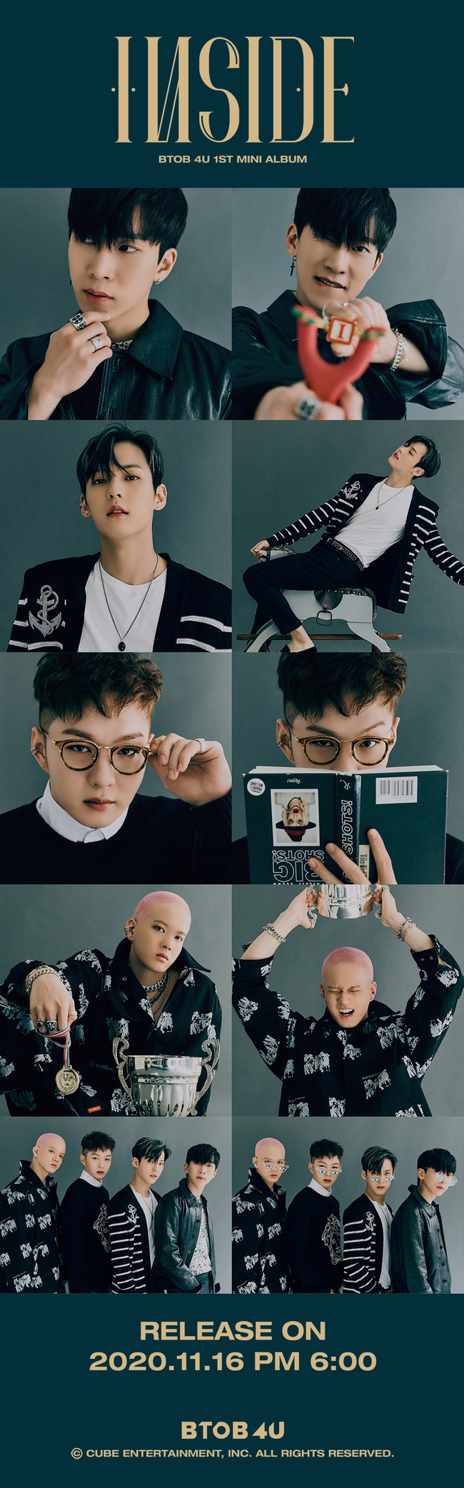 BtoB Mammal (BTOB 4U) has released the concept image of the mini 1st album INSIDE (Inside).Cube Entertainment released a total of 10 concept images on November 6 through the BtoB official SNS channel, including 8 photos by members and 2 group photos.In the photo, BtoB Mammal (BTOB 4U) is stylish and boasts luxurious visuals with a black jacket and shirt under a dark turquoise background.He showed off his chic and serious charm with intense eyes and poses, and he also tried to reverse the concept with a wit full of toy slingshots, horseback, upside down books and trophies.In particular, he tried to transform his bold accessories, bridge hair, and pink color dyeing, and renewed his visuals of the past.pear hyo-ju