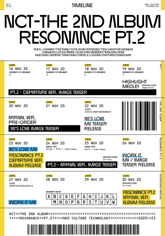 23 Day comeback NCT, Regular 2 Pt.2 Schedule Poster released .. rich content Schedule 2 Poster has been released.Schedule Poster, which was released through the official SNS account of NCT on the 10th, has a conceptual image reminiscent of the luggage tag of the suitcase and a variety of content opening schedules in line with the atmosphere of this album based on the concept of travel, raising expectations for a comeback.In addition, various contents such as teaser image, highlight medley, music video teaser video will be released sequentially from the 16th, and it will be able to meet the attractive appearance of 23 members who have transformed into a new concept.Also, NCT Regular 2nd album Pt.2 is new song 90s Love (Nintis Love), Work It (Work It), Raise The Roof (Raise the Loop), My Everything (My Everrising), All About You, I.The new album, Pt., includes two songs including Interlude: Present to Future (interlude: Present to Future), Outro: Dream Routine (outtro: Dream routine), and eight newly recorded tracks.It consists of 21 songs with 13 songs added to 1, enough to meet the unique music color of NCT.On the other hand, NCT - The 2nd Album RESONANCE Pt.2 (EnCity – The Second Album Rejonance Part 2) will be released on various music sites at 6 pm on the 23rd, and will be released on the same day./ Photo: SM Entertainment