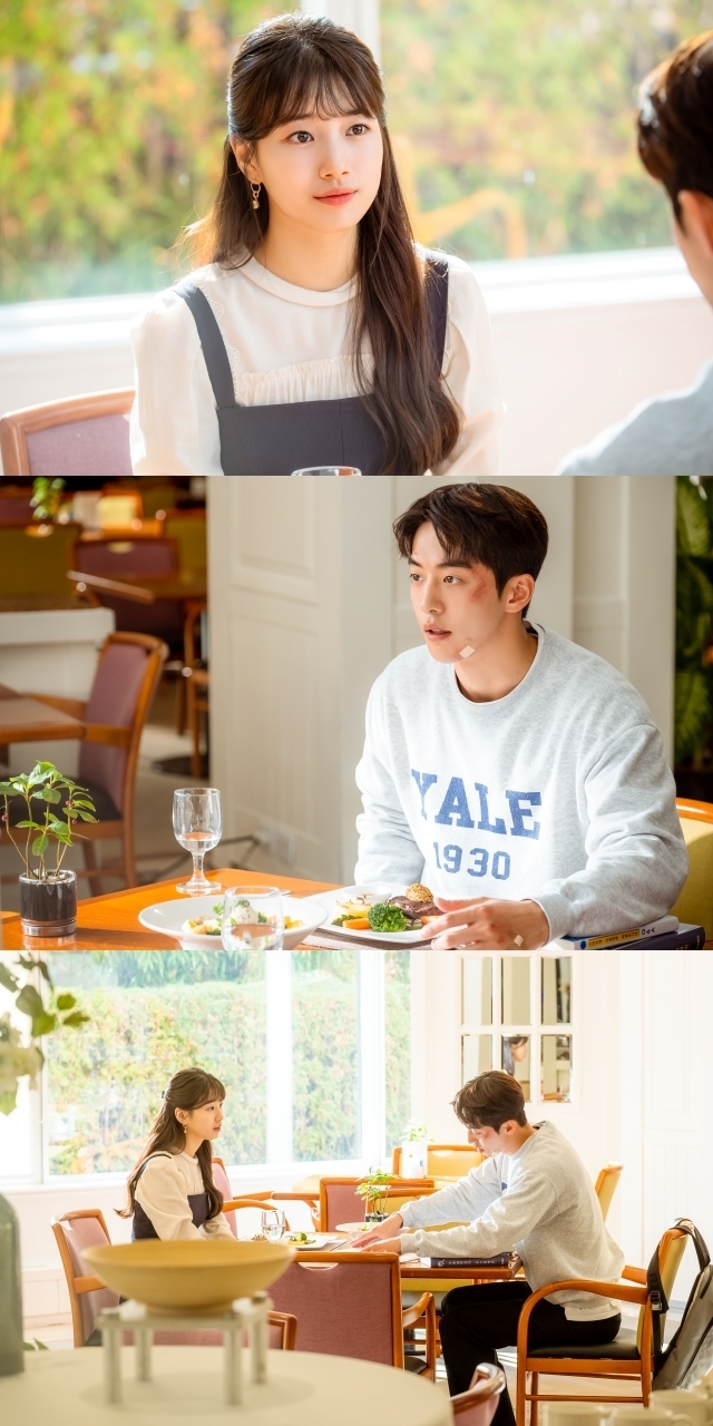A meaningful restaurant Date from Bae Suzy and Nam Joo-hyuk has been spotted.TVNs Saturday Drama StartUp (playplayplay by Park Hye-ryun/director Oh Chung-hwan) unveiled the Tainted Love Song face of Namdosan (Nam Joo-hyuk) sitting in front of Seo Dal-mi (Bae Suzy) on November 20.In the last broadcast, Seo Dal-mi noticed all the secrets of his first love when he was a child, and a crisis occurred in his relationship with Namdosan.It was revealed that Namdosan, which exchanged letters with her, was Han Ji-pyeong (Kim Sun-ho), who borrowed Namdosans name after being asked by his grandmother Choi Won-deok (Kim Hae-sook), not Namdosan.It was a relationship that started with the letter of Namdo in the past, but the truth confused Seo Dal-mi, who was deepening his feelings with Namdo Mountain in front of him.Namdosan said he did not want to confuse her anymore, and said he would take the burden of eliminating her feelings.However, Samsan Tech has entered and grew in Silicon Valley in Korea, which is a real achievement of Seo Dal-mi.This once again gave her faith and conviction that she did not believe in herself as a CEO.I am curious about whether the voyage of Seo Dal-mi and Namdo Mountain, which met the wind for a while, will continue on the wind, and the unexpected Date scene is caught and attracts more attention.In the public photos, there were two people sitting alone in the restaurant.Unlike the warm sunshine and the light smile of Seo Dal-mi, there is a serious air flow somewhere in Namdo Mountain.Especially the band on the chin, the red rags all over the face, raise the curiosity with the sadness of what happened to him.emigration site
