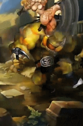 (주력 무기인 도끼를 휘두르는 모습. 거대한 오크 류 괴물들도 아마존의 상대는 못된다...)