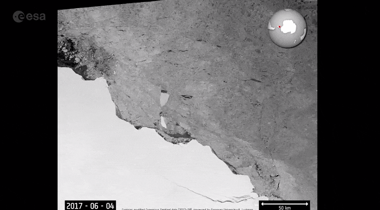 지난 2017년 A-68 빙산의 분리 모습. 영상=ESA
