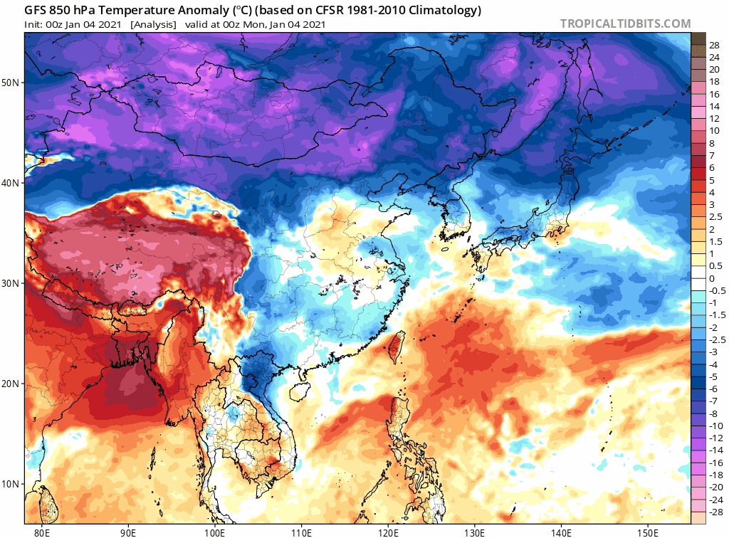 미국 기상청 수치예보모델(GFS)가 예측한 이달 4일부터 13일까지의 동아시아 지역 기온 분포도다. 한국은 이달 7~9일까지 영하 10도에 가까운 한파에 놓인 후 이달 13일에야 영상 기온을 회복하는 것으로 나타났다. TROPICALTIDBITS 제공