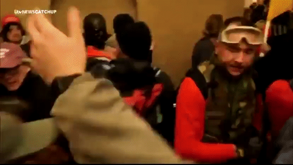 녹색 셔츠와 갈색 재킷을 입은 윌리엄스가 의사당에 난입한 시위대를 안내하고 있다. [트위터]