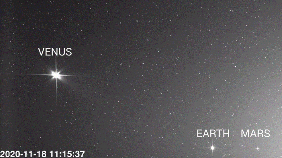 지난해 11월 솔라 오비터(SolO·Solar Orbiter)가 촬영한 금성, 지구, 화성의 모습. 사진=ESA/NASA/NRL/Solar Orbiter/SolOHI