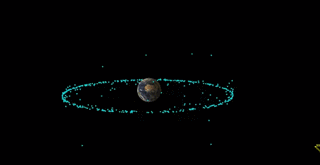 2029년 아포피스가 지구에 접근할 때 궤도를 표시했다. 아포피스는 지구에 3만 2000km 까지 접근하며 지구 중력을 받아 궤도가 약간 변한다. NASA 제공
