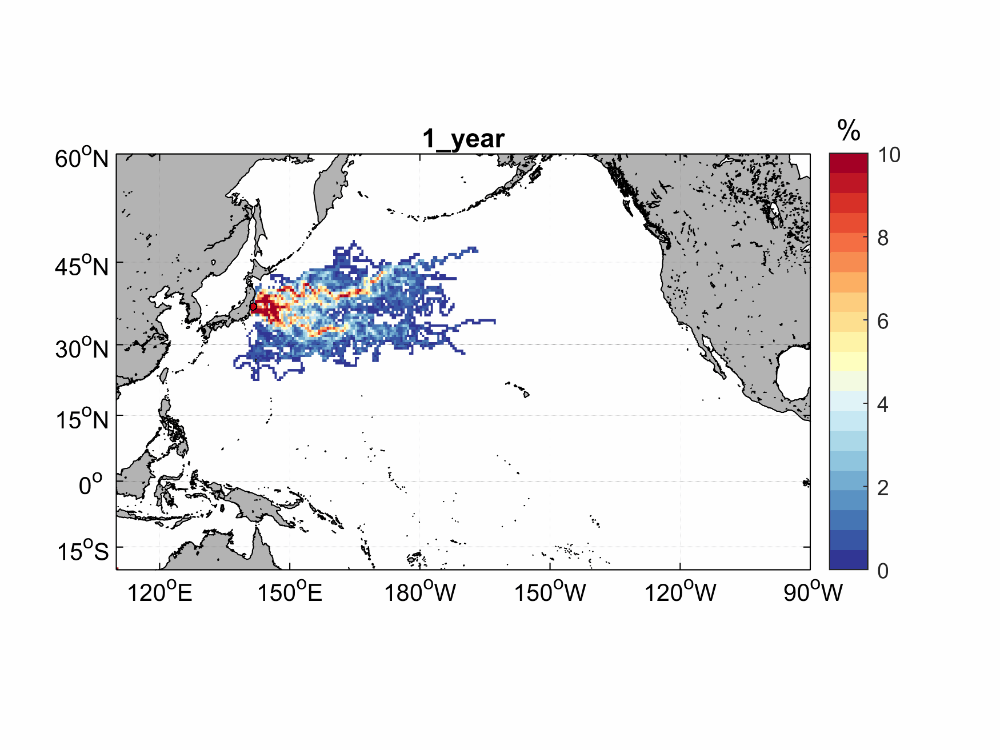 일본 후쿠시마 원전 오염수가 매일 방류되는 경우를 가정한 국립대만해양대의 10년 시뮬레이션. 대만해양대 제공