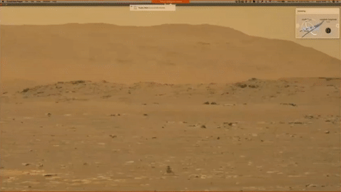 미국 항공우주국(NASA)의 화성 탐사드론 '인제뉴어티'가 19일(현지시각) 화성에서의 첫 비행에 성공했다. 인제뉴어티가 화성 지표면에서 이륙 후 착륙하는 모습. /사진=NASA