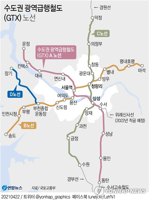 수도권 광역급행철도(GTX) 노선 [사진 = 연합뉴스]