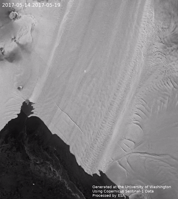 2017년부터 지난해까지 서남극 파일섬 빙붕이 내륙으로 후퇴하는 모습. 유럽우주국