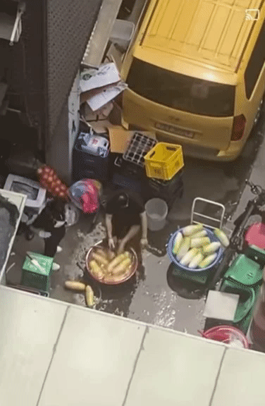 서울 서초구 일반음식점 ‘방배족발’의 조리 종사자가 대야에 두 발을 담근 채 무를 세척하고 있다. 온라인 커뮤니티 갈무리