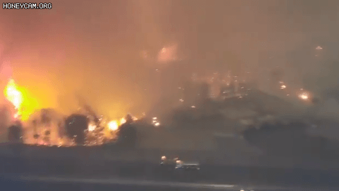 헬기에서 내려다 본 그리스 에비아섬 산불 진화 현장. [트위터 캡처]