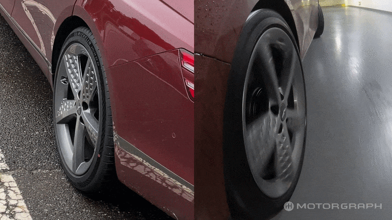 (왼쪽부터) 제네시스 G80 스포츠 정지 상태 후륜 조향각, 주행 중 후륜 조향각