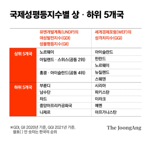 국제성평등지수별 상ㆍ하위 5개국. 그래픽=김은교 kim.eungyo@joongang.co.kr