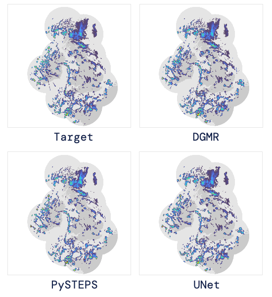 구글 딥마인드는 29일 영국 기상청, 엑서터대 등과 함께 90분 뒤 강수 확률을 예측하는 AI를 개발했다고 밝혔다. 이 AI로 예측한 기상 상황(오른쪽 위)은 실제 기상 현상(왼쪽 위)과 매우 유사했으며 다른 모델로 예측한 것(아래)보다 정확도와 유용성 측면에서 더 뛰어난 모습을 보였다. 구글딥마인드 제공