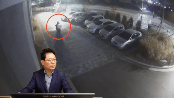 “강아지 짖어서 넘어졌다”…오토바이 운전자 3400만원 요구 - 빨간 원은 오토바이 주변에서 나온 강아지. 한문철TV 캡처