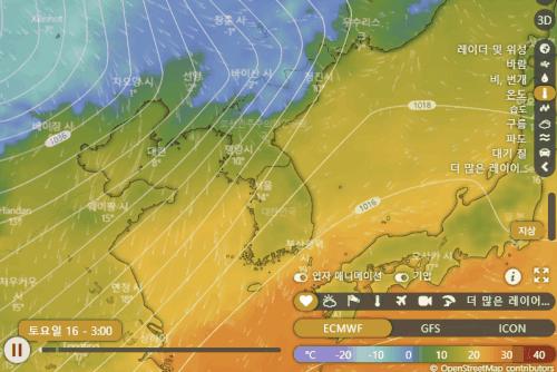 갑작스런 한파특보 - 기상청은 16일 경기 용인, 광주시 등에 한파경보를 발령했다. 또 서울과 인천, 대전, 광주, 대구, 세종을 포함한 나머지 지역 대부분에 한파주의보를 내렸다. 이번 한파특보는 이날 오후 9시를 기해 발효된다. 사진은 윈디의 기온 예보 그래픽. 윈디 캡처