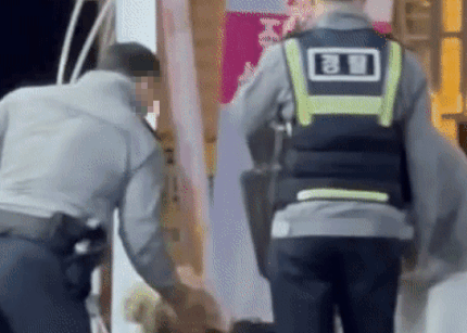 경찰이 주취자를 제지하는 과정에서 머리채를 잡고 흔드는 영상. 유튜브 캡처