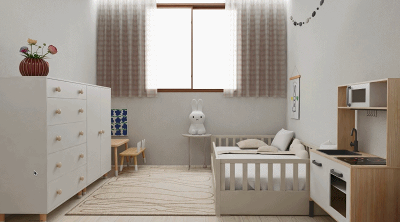 메타버스를 인테리어에 접목한 서비스 '아키스케치'로 어린이방을 꾸민 모습. 2차원 평면도를 3차원으로, 다시 실사이미지(4K 렌더링)로 변환하며 최적화된 인테리어를 찾을 수 있다. 아키드로우 제공