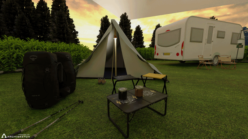 지난 7월 아키스케치 서비스를 이용, 롯데홈쇼핑에 공급했던 프리미엄 캠핑장 콘텐츠. 소비자들은 이곳에서 캠핑 용품을 둘러보며 직접 구매도 할 수 있었다. 아키드로우 제공