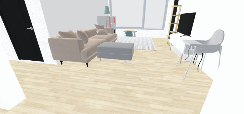 아키스케치로 기자가 직접 꾸며 본 거실. 거실과 맞지 않는 불필요한 가구를 뺀 뒤 소파를 작은 사이즈로 바꾸고 가벽을 세워 어린이 공간과 공용공간을 구분해 봤다. 아키스케치 화면 캡처