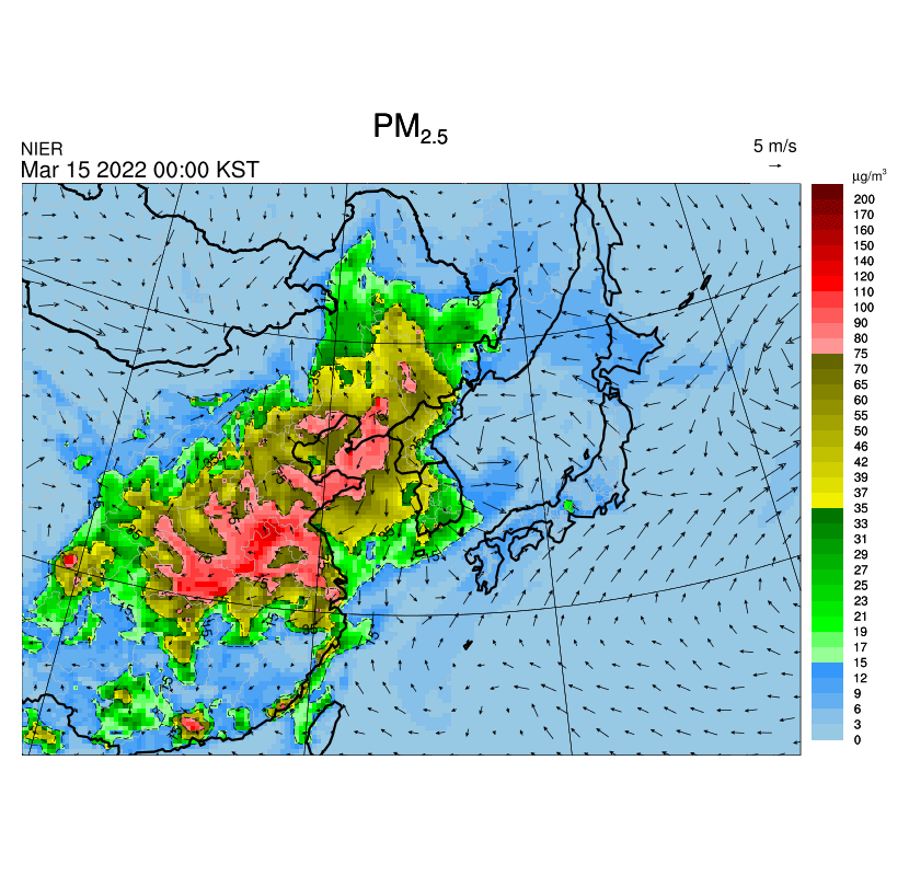 3월 15∼16일 초미세먼지의 이동 경로 [한국환경공단 제공. 재판매 및 DB 금지]