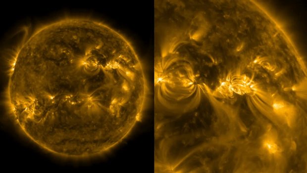 지난달 30일 SDO에는 태양 흑점 AR2975에서 발생한 X1.38급 태양플레어가 포착됐다. SDO가 보내온 AIA 171 영상에는 태양 오른쪽 상단에서 밝은 섬광이 터지는 모습이 담겨 있었다./출처=NASA/GSFC/SDO