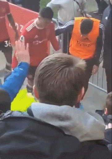 호날두가 휴대전화를 든 팬의 손을 내려치는 모습. /트위터