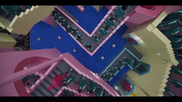 넷플릭스 오리지널 콘텐츠 '오징어게임'에 등장했던 동화 같은 색채의 미로 계단이 CG로 구현되는 과정. [걸리버스튜디오]