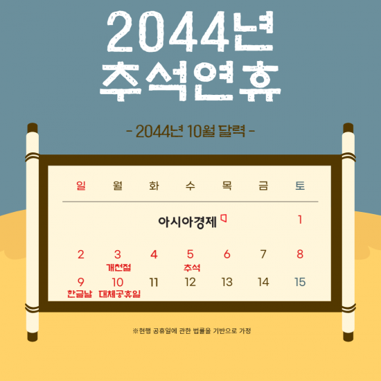 주말 낀 추석 아쉽다면..2044년 '최장 10일' 황금 연휴 기다린다