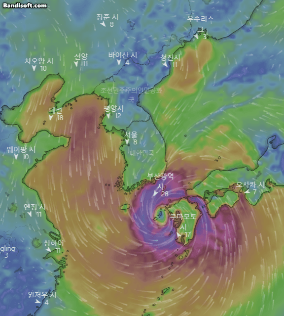 19일 오전 제14호 태풍 난마돌 예상 위치. / 영상 = 체코 기상시스템 윈디닷컴(windy)