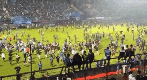 지난 2일(현지시각) 인도네시아 축구 경기에서 관중 난동이 발생해 경찰이 진압하고있다. / 트위터 @AIertaMundiaI