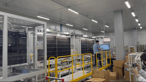 태양광 모듈을 검수하고 있는 직원들 모습./사진=김민성 기자 mnsung@