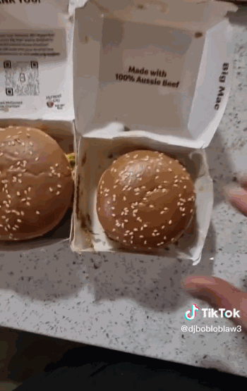 호주 한 남성이 3개월 동안 썩지 않은 맥도날도 빅맥버거의 영상을 공개했다. 왼쪽은 새로 산 버거, 오른쪽은 3개월 전 산 버거./사진=틱톡