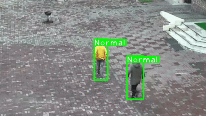 과학기술연합대학원대학교(UST)  김형민·전호범 박사과정생이 개발한 인공지능(AI) 기술이 CCTV 영상을 분석하는 장면. 영상 속에서 두 사람이 발길질이나 주먹질을 시연하자 즉시 ‘싸움’ 상황임을 AI가 인지한다. UST 제공