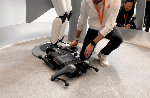 지난 28일(현지시간) 스페인 바르셀로나에서 열린 ‘모바일월드콩그레스(MWC) 2023’ 샤오미 전시관. 샤오미 직원이 민망한듯 엎어진 사이버독을 뒤집는 모습. [사진=박로명 기자/dodo@]