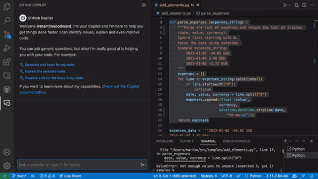 깃허브 코파일럿 챗 작동 모습