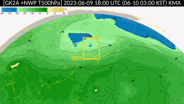 6월 10일부터 17일까지 한반도 대기 상층(500hPa)의 온도 분포 (자료: 기상청)