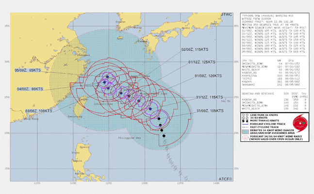 미국 합동태풍경보센터(JTWC)가 31일 정오 발표한 카눈 예상 경로. 사진=JTWC 홈페이지 갈무리.