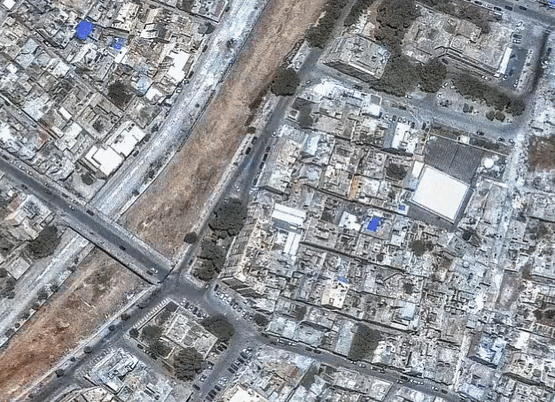 리비아 데르나시의 대홍수 전후 모습. 지난 7월 건물로 빼곡했던 구역은 현재 진흙탕으로 변해있다. /엑스(X·트위터)