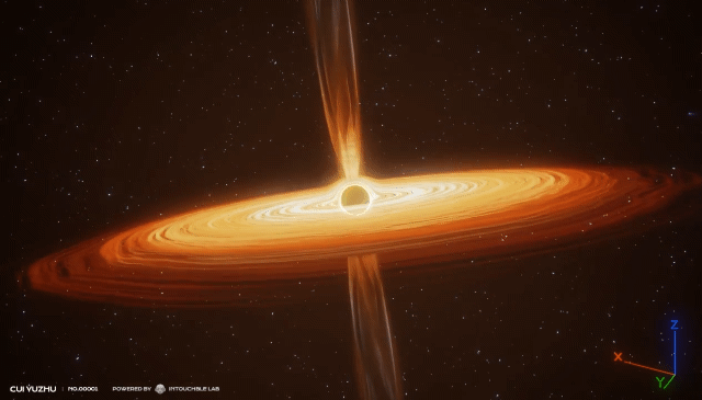 한국천문연구원·서울대·경희대 등이 포함된 국제 공동연구팀이 규명한 'M87 초대질량 블랙홀 제트의 세차운동' 모습. 빛조차 빠져나올 수 없는 블랙홀의 회전운동을 입증한 건 이번이 처음이다. 연구팀은 23년간 확보한 데이터와 슈퍼컴퓨터 시뮬레이션 등을 통해 회전운동 모습을 구현했다. / 영상=한국천문연구원